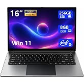 laptop 16-inch , 8GB DDR 256GB SSD portable laptop computer, expandable to 1TB, Pentium quad-core CPU up to 2.64 GHz, 9000mAh battery, interface, USB3.0 interface, dual-band WiFi, webcam, slim laptops