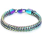 BIYONGDE Minimalist Stainless Steel Rainbow Curb Chain Link Chain Bangle Bracelet for Men Women, Spring Hook Clasp, Punk Rock