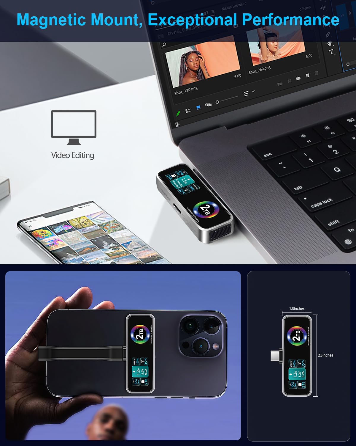 TWOPAN Magnetic Portable iPhone SSD for ProRes 4K 60fps Video Recording, 2TB External Super Storage for iPhone 15/16 Pro/Pro Max,iMac/MacBook, LCD Display, USB-C PD 3.0 Port, Built-in Cooling Fan