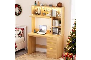Lvifur LED Study Desk with Hutch & Storage Cabinet, 47" Home Office Desk with Outlet and 3 Color LED, Writing Desk for Bedroom, Computer Desks for Studyroom, Ideal for Office Set, Natural