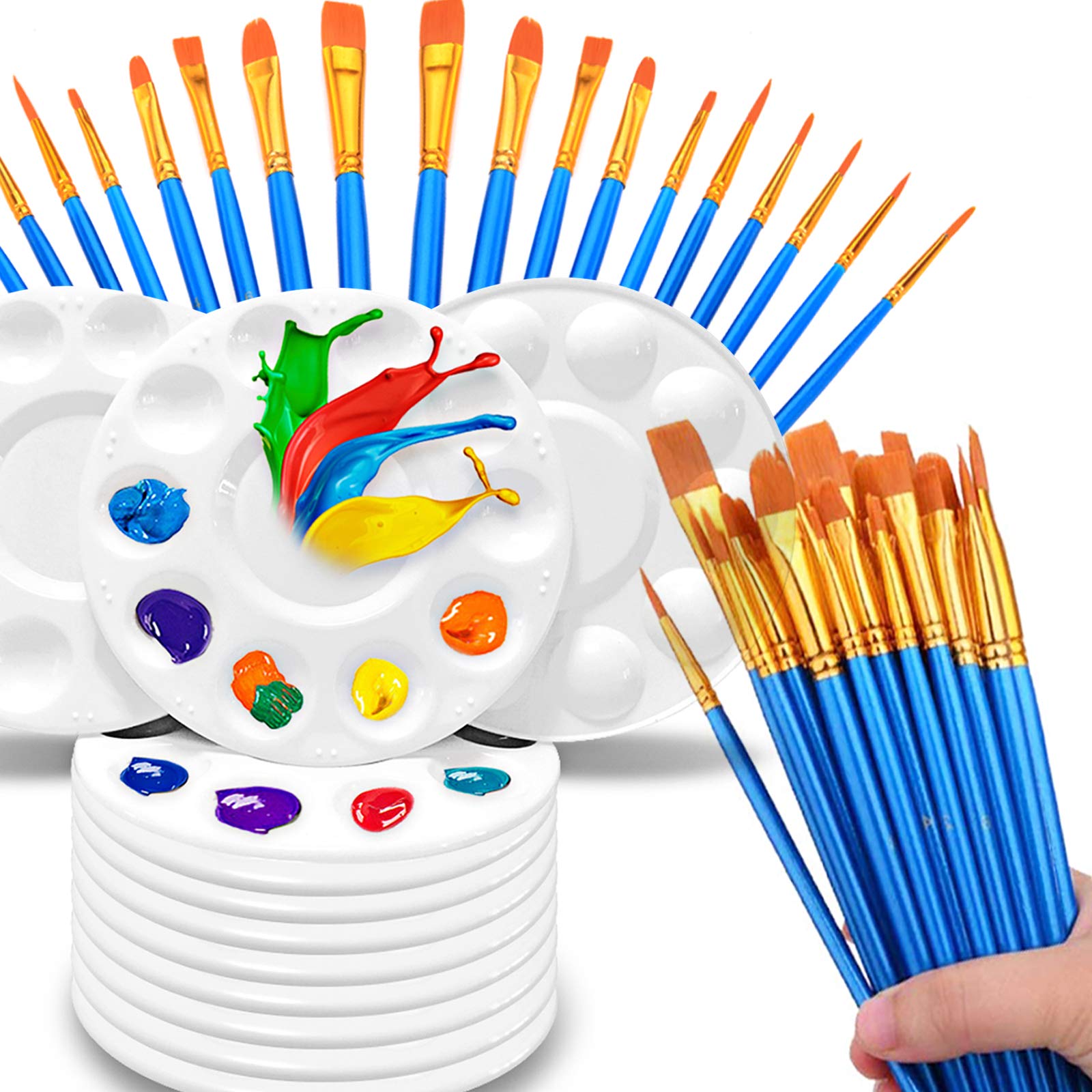 Hulameda Paint Brushes Set, 50 Pcs Nylon Hair Paint Brushes for Acrylic Oil Watercolor,Manicure,Face Painting Craft with 12 Pcs Paint Pallets for Kids and Adults to Create Art Paint