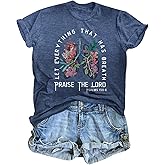 Cayxatiu Christian Shirts for Women Vintage Bible Verse T Shirts Boho Floral Jesus Shirt Wildflowers Graphic Tees Tops(Navy Blue,2XL)
