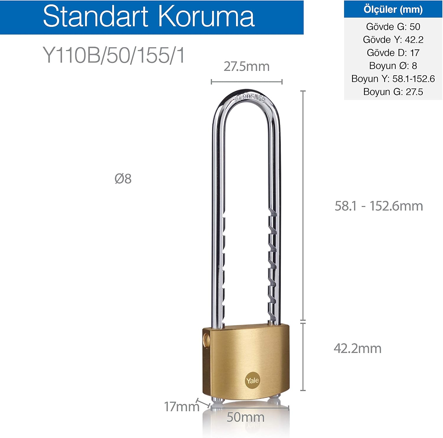 Yale Y110B/50/155/1 Brass Safety Padlock, Adjustable Shackle, 50 mm - Image 4