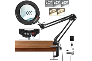 MagnieOpti 10X Magnifying Glass with Light and Clamp, 5 Color Modes Stepless Dimmable Real Glass Lighted Magnifier, Hands Free LED Magnifying Desk Lamp for Painting Craft Close Work Reading Repairing