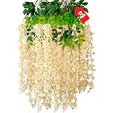 ZEBMOON 12 Pack Champagne Wisteria Hanging Flowers, 3.44 Ft Fake Hanging Flowers, Artificial Wisteria Garland Vines for Wedding Room Backdrop Outdoor Patio Garden Decoration