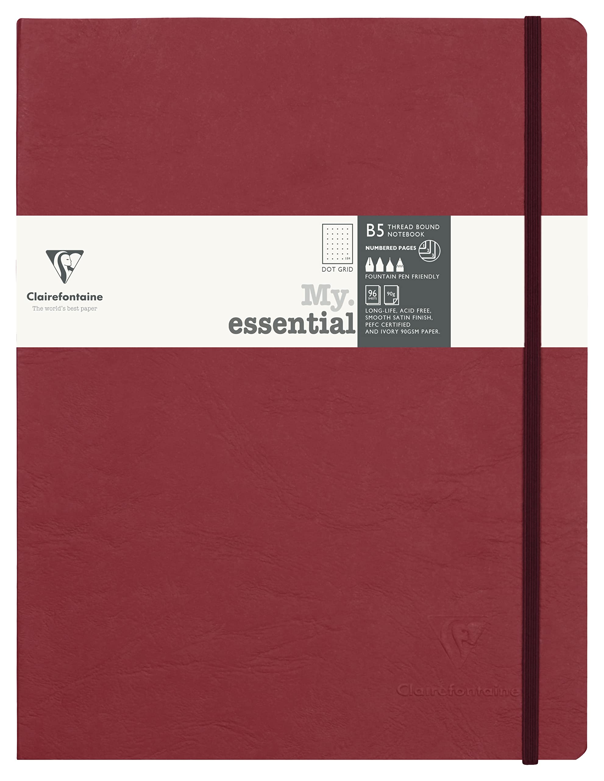 Clairefontaine 794432C Collection Age Bag Stitched MyEssential Elastic Notebook Red - B5 19x25cm - 192 DOT Numbered Pages - 90g Ivory Paper - Leather Cover