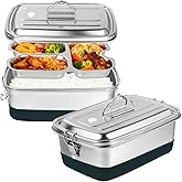 Stainless Steel Bento Box 2.0 l / 67.6 fl oz 3-Compartment Lunch Container for Adults, Double Layer, Leak-Proof Food Storage with Handle, 8.7 x 6.1 x 3.5 in