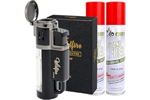 Jo Chef Butane Torch Lighter, Quad Flame Jet Lighter, Use for Years - Durable Metal Body, Clear Fuel Window, Torch Lighters Butane Refillable, Luxury Gift Ready Packaging (Black, 2 Butanes Included)