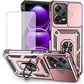 Yodueiv for Redmi Note 12 Case, Poco X5 5G with Tempered Glass Screen Protector and Slide Camera Cover, Magnetic Ring Car Mount Holder Kickstand Protective Cover for Xiaomi Redmi Note 12 5G Rose Gold