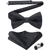HISDERN Bow Ties for Men Pretied Bow Tie Set Paisley Classic Bowties and Pocket Square Cufflinks Set for Wedding Party