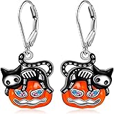 RLHRNDE Funny Pumpkin Black Cat Hoop Earrings for Women Dainty Skeleton Crystal Enamel Earrings Happy Halloween Festival Sterling Silver Earring Thanksgiving Holiday Jewelry Gift