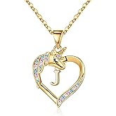 Hidepoo Valentines Gifts for Kids Girls - Unicorn Necklace Gifts for Girls 14K-Gold-Plated Colorful CZ Heart Necklace Girl Jewelry Initial Unicorn Necklaces for Girl Valentines Gift