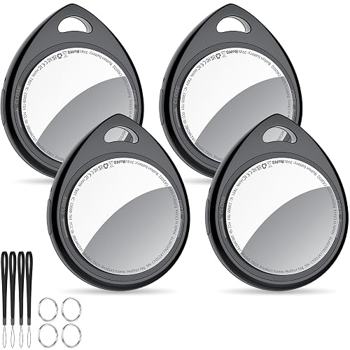 QCOQ® Air Locator Tags 4 Pack Black, Smart Bluetooth Tags Compatible with Apple Find My (iOS Only), Item Tracker with Keychain/Lanyard for Keys, Wallets, Luggage, Suitcases, Replaceable Battery