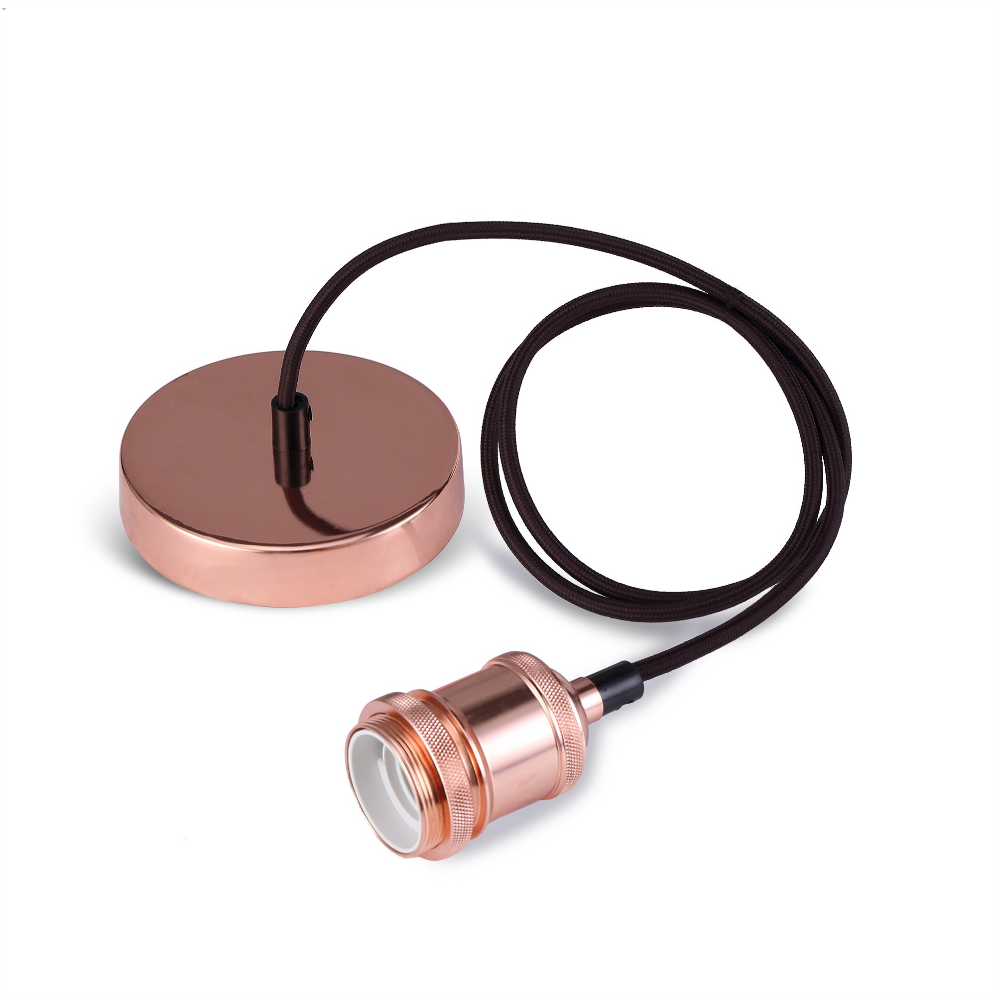 SHINY STAR Vintage Pendant Light Fitting, Modern Retro Industrial Style Rose Copper E27 Lamp Holder and Ceiling Rose with Brown Braided Flex Cable-KIT02RG