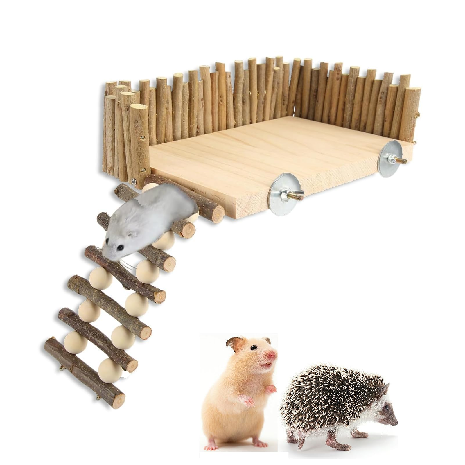 Hamster Climbing Platform, Hamster Playground Activity Platform Wooden Chewing Toy Small Pet Activity Playground with Fence for Syrian Hamsters Guinea Pigs Gerbils Chinchillas (Screw Type)