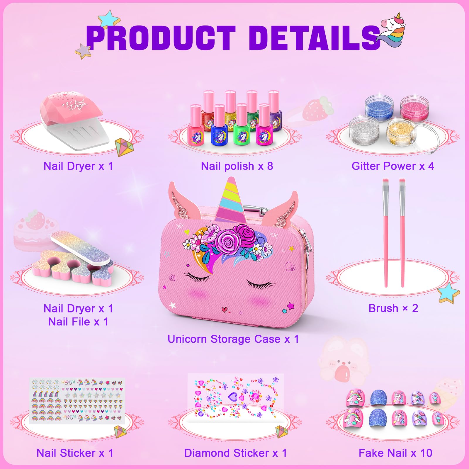 Kids Nail Polish Set for Girls, Non-Toxic Quick Dry Nail Art Salon Kit with Nail Dryer and Peelable Nail Polish,Ideal Gift Toys for Girls Age 3-12