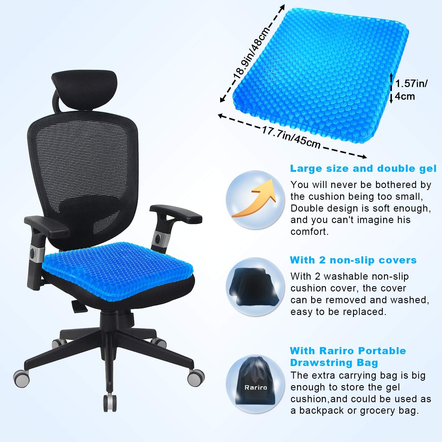 Rariro Extra-Large Gel Seat Cushion, Breathable Honeycomb Design Pain Relief Egg Seat Cushion, for Pressure Relief Back Tailbone Pain - Home Office Chair Cars Wheelchair (2 Non-Slip Cover): Home & Kitchen