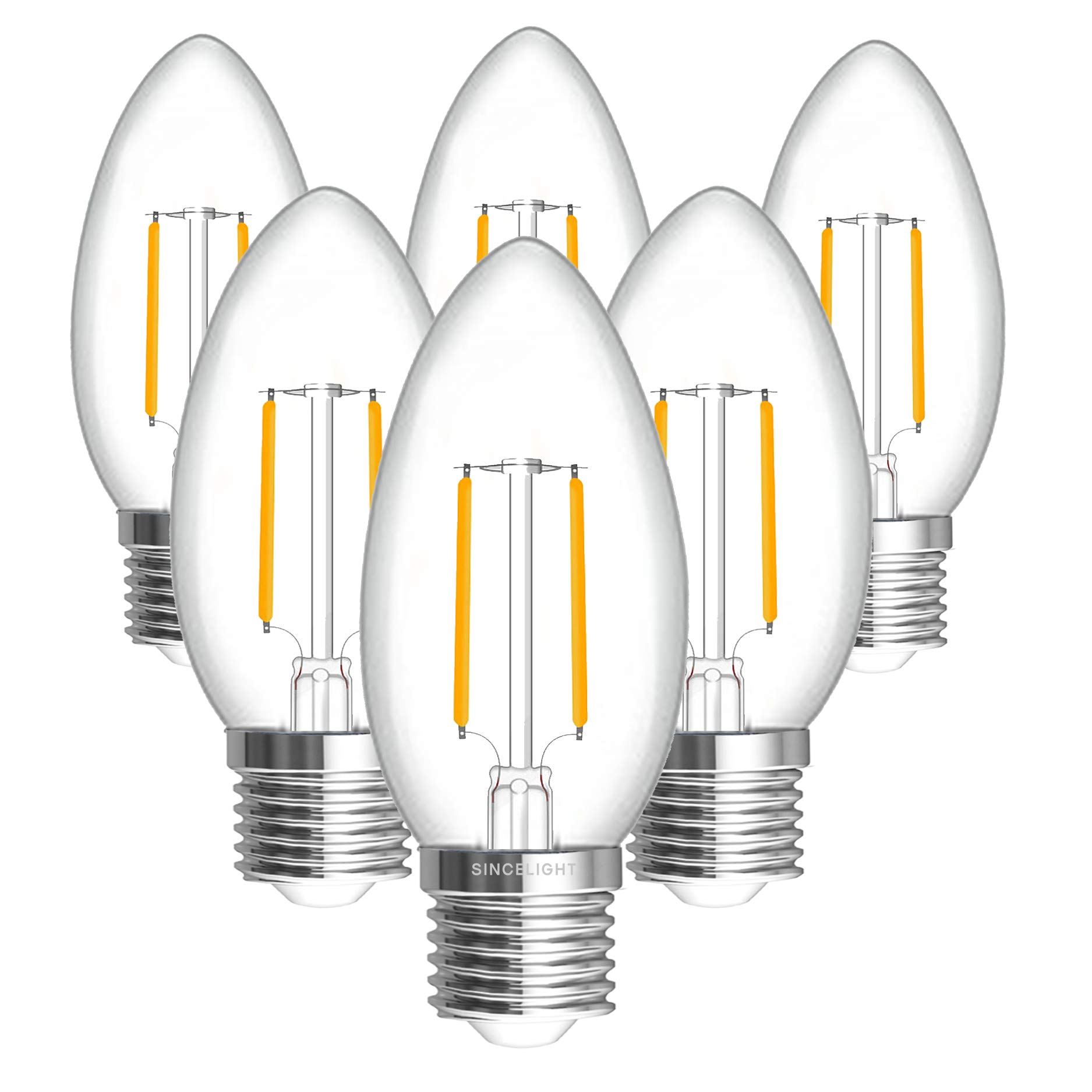 SINCELIGHT E27 LED Retro Filament Bulb, Vintage Candle-Like Bulb, 3W, 250lm Equivalent to 25W, Warm White 2700K, ES Edison Screw, Pack of 6