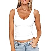 ForeFair Womens V Neck Sleeveless Backless Tank Top Slim Fit Going Out Crop Tops Double Layer Basic Casual Outfits