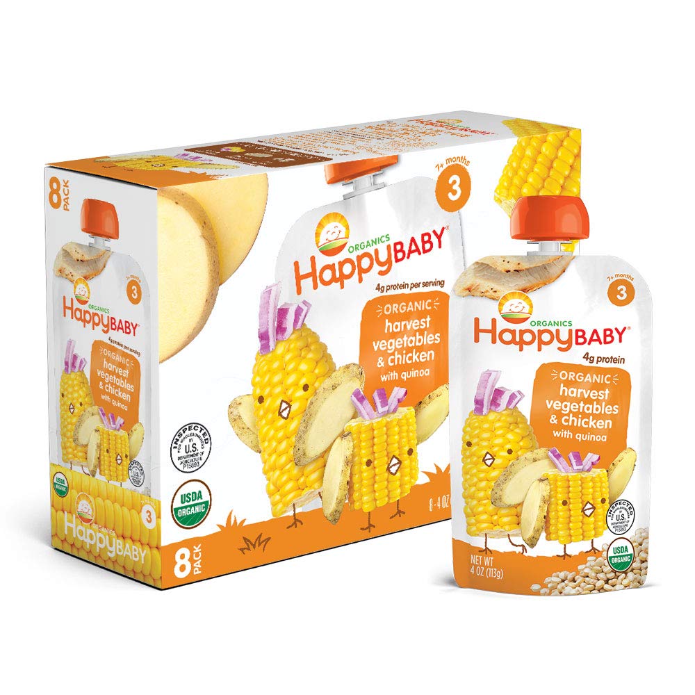Happy Baby Organic Stage 3 Baby Food Hearty Meals Harvest Vegetables & Chicken w/ Quinoa 4 Ounce Pouch (Pack of 16)