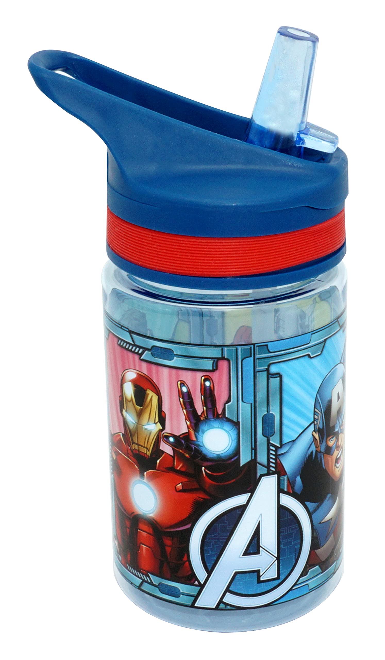 Avengers Tritan Water Bottle 400ml, Kids Boys Sports Water Bottle, Flip Straw BPA Free and Reusable Drink Bottle with Carry Handle, Light-Weight School Bottle