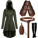 Suhine 5 Pcs Renaissance Women Costume Medieval Hooded Robe Carnival Vintage Faux Leather Arm Pouch Belt for Cosplay Party