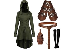 Suhine 5 Pcs Renaissance Women Costume Medieval Hooded Robe Vintage Faux Leather Arm Pouch Belt for Cosplay Party