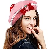 GALPADA Pink Strawberry Beret Hat with Bowknot Sweet Warm French Style Wool Beret for Women Girls Winter Accessory