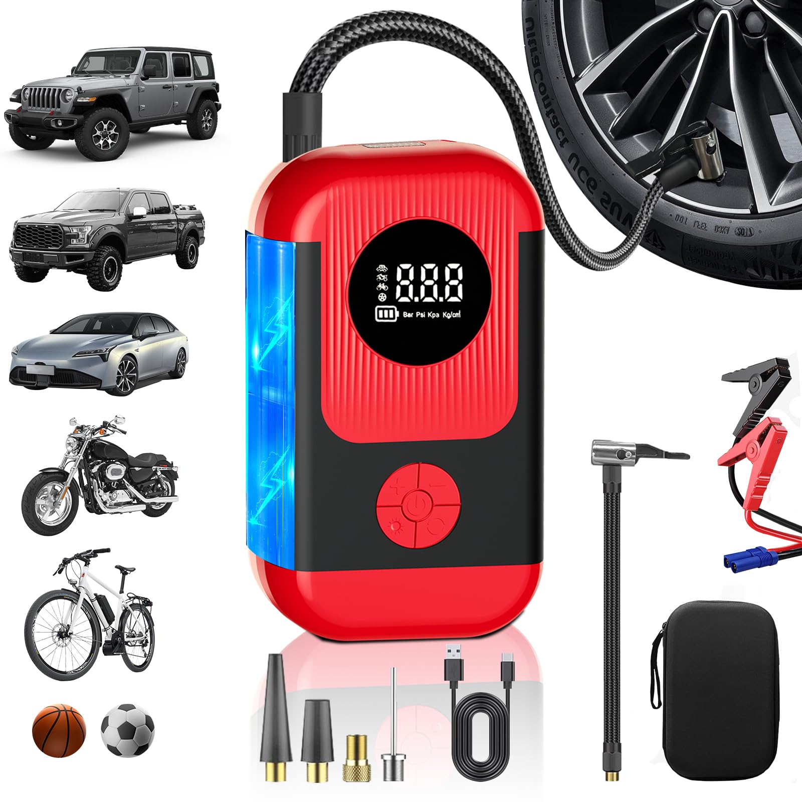 Photo 1 of Tire Inflator Portable Air Compressor with battery jumper starter, 28000mAh Battery 3X Faster Cordless Tire Inflator with Tire Pressure Gauge,150PSI Electric Air Pump for Car Tires,Motorcycle,Bike
