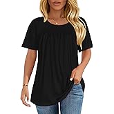 Womens T Shirts Short Sleeve Tops Casual Pleated Front Blouses Flowy Scooped Neck Summer Outfits