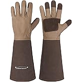 HANDLANDY Long Gardening Gloves for Men & Women, Cowhide Leather Rose Pruning Gloves- Breathable & Durable Gauntlet Glove (Medium, Brown)