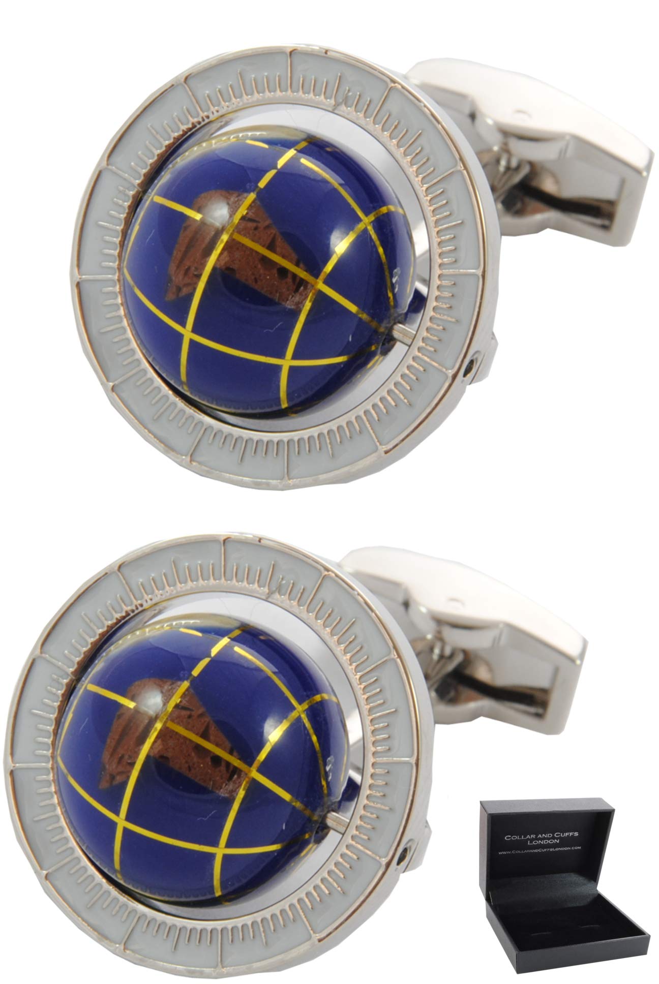 Cufflinks for Men + Presentation Box - Navy Blue - Spinning Globe - Brass Metal - Travel the World - Round Earth Rotating - One Pair