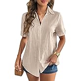 Zeagoo Women Linen Button Down Shirt Rolled Cuffed Short Sleeve Blouse Ladies Summer Casual V Neck Beach Cotton Tops