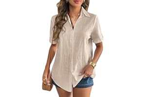 Zeagoo Women Linen Button Down Shirt Rolled Cuffed Short Sleeve Blouse Ladies Summer Casual V Neck Beach Cotton Tops