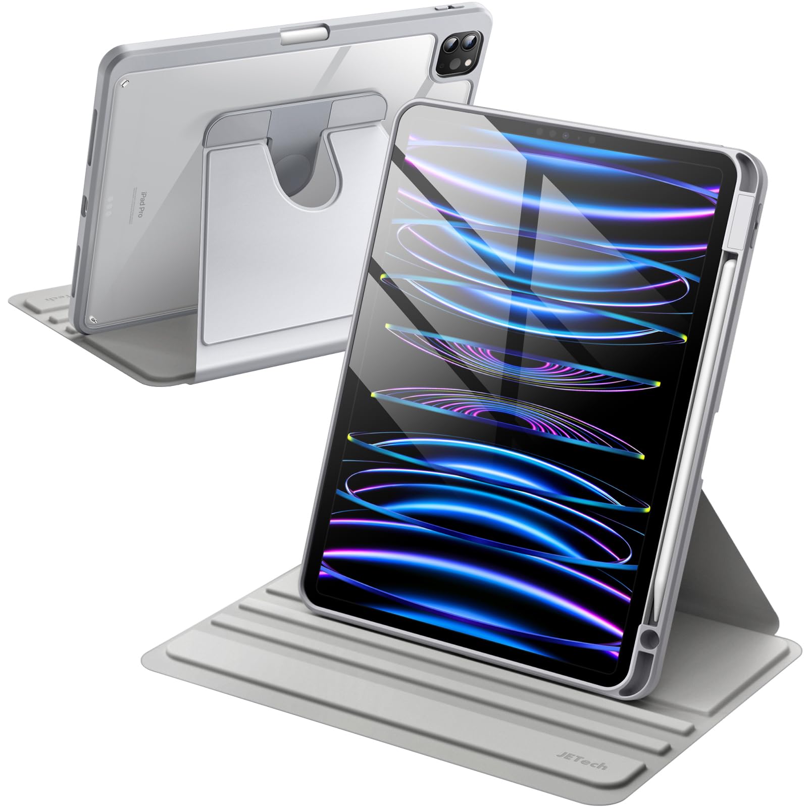 JETech Rotating Case for iPad Pro 11-Inch 2022/2021(4th/3rd gen) with Pencil Holder, 360 Degree Rotation Protective Stand Cover Clear Back, Auto Wake/Sleep (Silver)