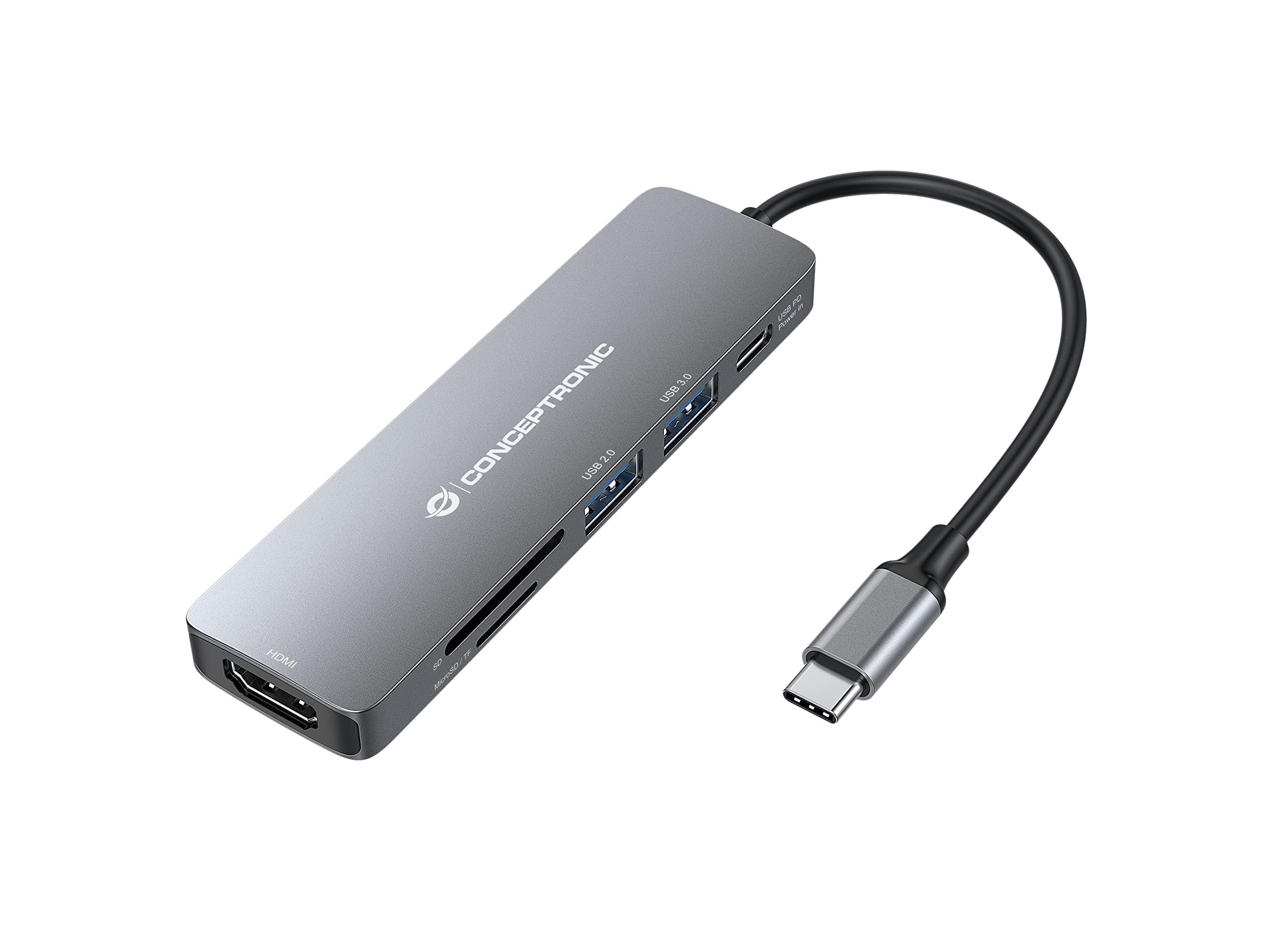 Conceptronic DONN11G Multifunctional 6-in-1 USB Adapter Hub USB-C to HDMI/USB-C PD/USB 3.0/USB2.0/SD/TF Multiport Adapter