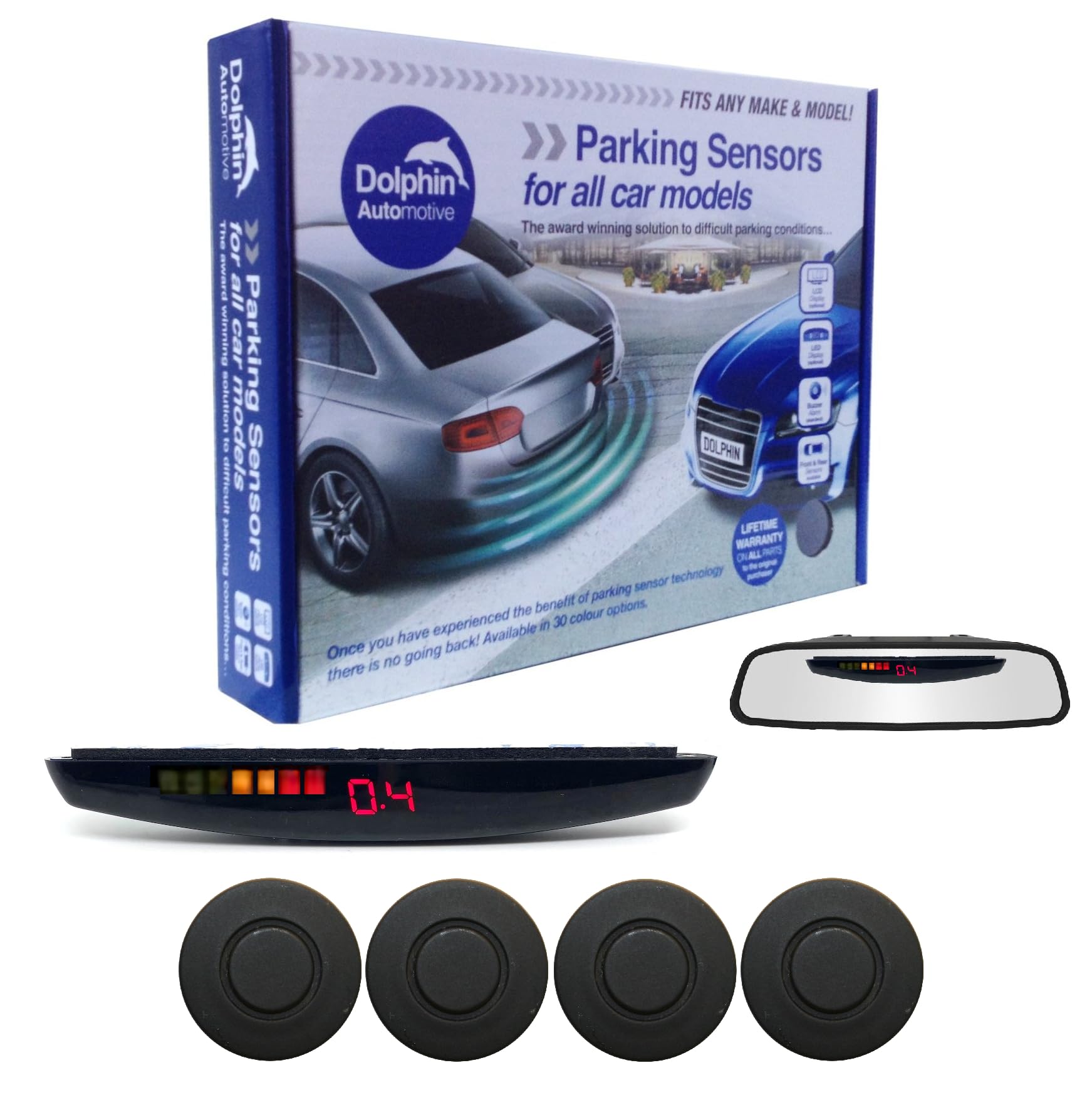 Dolphin DPS455 Reverse Parking Sensors In 32 Colours 4 Ultrasonic Radar Sensors Kit Audio & Rear Roof Mounted Display Alert System Matt & Gloss Black +30 More Colours (Matt Black)