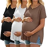 Neer 3 Pack Women's Waffle Maternity Shirts, Drop Shoulder Short Sleeve Split Side Pregnancy Tops Crewneck Loose Basic Tee