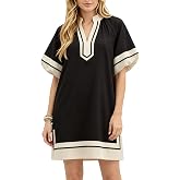 Esmeling Women's Color Block Pullover Dress V-Neck Puff Sleeve Dress Mini Shirt Dress with Pockets