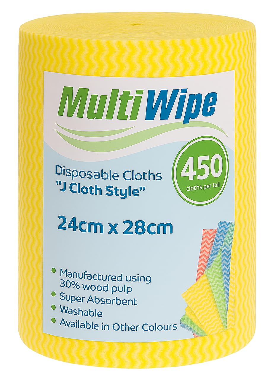 MultiWipe 1 x 450 Yellow J Cloth Style Cleaning Cloths On A Roll | Made With 30% Wood Pulp | 24cm x 28cm Perforated Cloths | £0.059p per cloth
