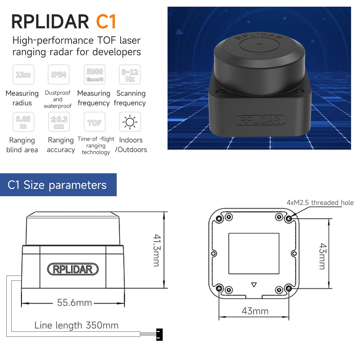 Yahboom Silan Lidar Sensor ROS Robot TOF Range Navigation 3D Scanner Laser Measurement Tool RPLIDAR A1 C1 (RPLIDAR C1)