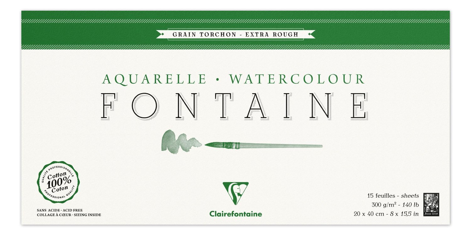 Clairefontaine - Ref 96438C - Fontaine Extra Rough Watercolour Glued Pad (15 Sheets) - 20 x 40cm Size, 300gsm Paper - Suitable for Watercolour Artwork