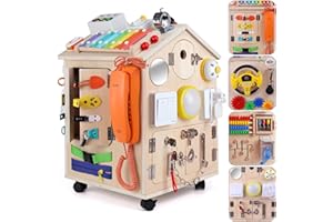 WISBOOK Montessori Wooden Busy House Children's Basic Life Skills and Fine Motor Training, Preschool and Learning Busy Board Games, 3 4 5 6 Sensory Play Toys