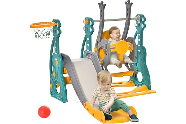 Qaba 4-in-1 Toddler Slide and Swing Set with Basketball Hoop and Adjustable Seat Height, Kids Play Climber Slide Playset for