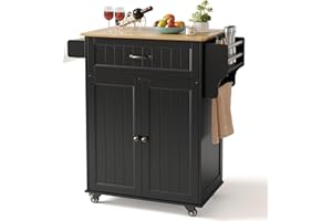 Gizoon Kitchen Island Cart with Rubberwood Top, 33" W Rolling Kitchen Island on Wheels with Adjustable Shelf, Drawer, Spice Rack, Towel Bar, Mobile Storage Cabinet for Dining Room, Home Bar, Black