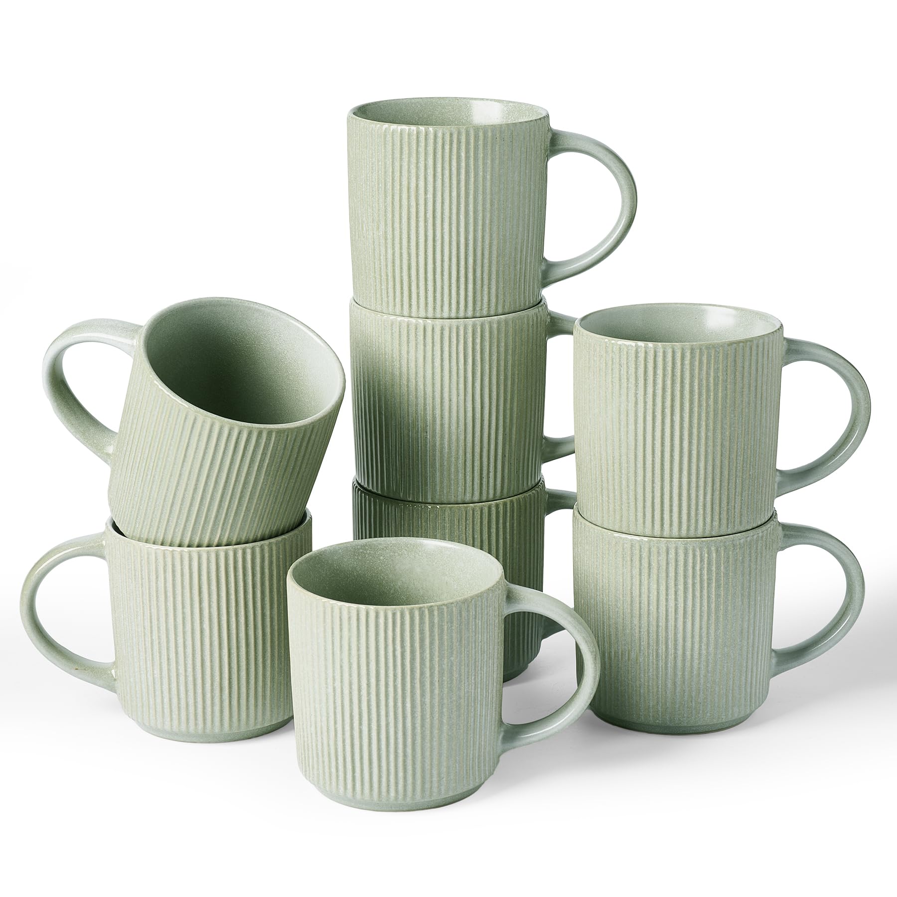 famiware Coffee Mug Set for 8, Star 12 oz Catering Mugs Cup Set with Handle for Coffee, Tea, Cocoa, Milk - Ceramic Stoneware Drinkware Set, Matte Green Image