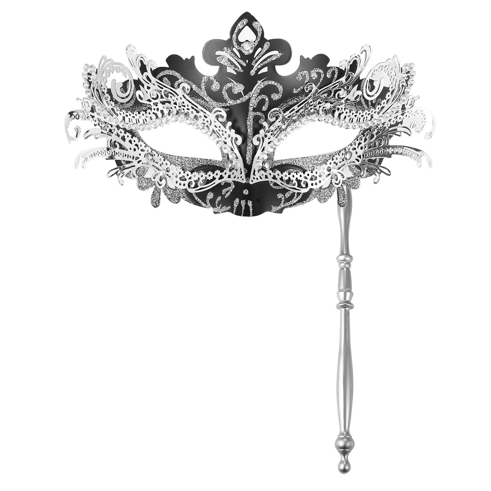 JewelryWe Masquerade Mask with Stick: Women Silver Metal Venetian Halloween Mardi Gras Party Carnival Cosplay Rhinestone Mask