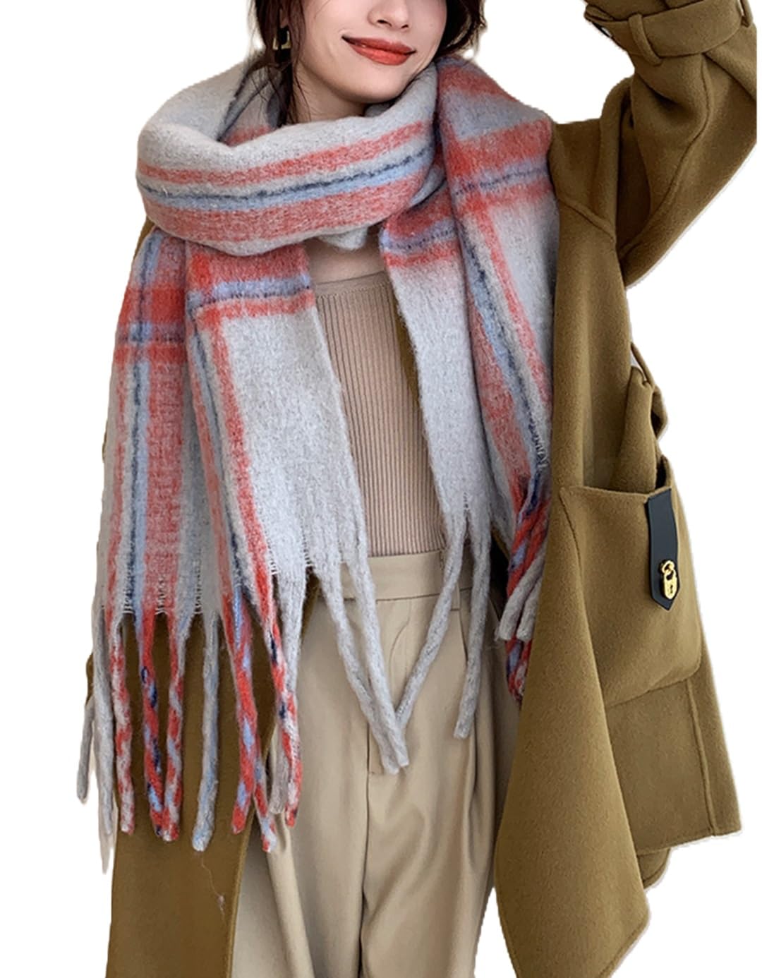 Photo 1 of Wander Agio Winter Women Warm Scarf Long Shawl Large Scarves Cold Weather Thicker Blanket Wrap Colour Plaid Stripe Grey Red 05