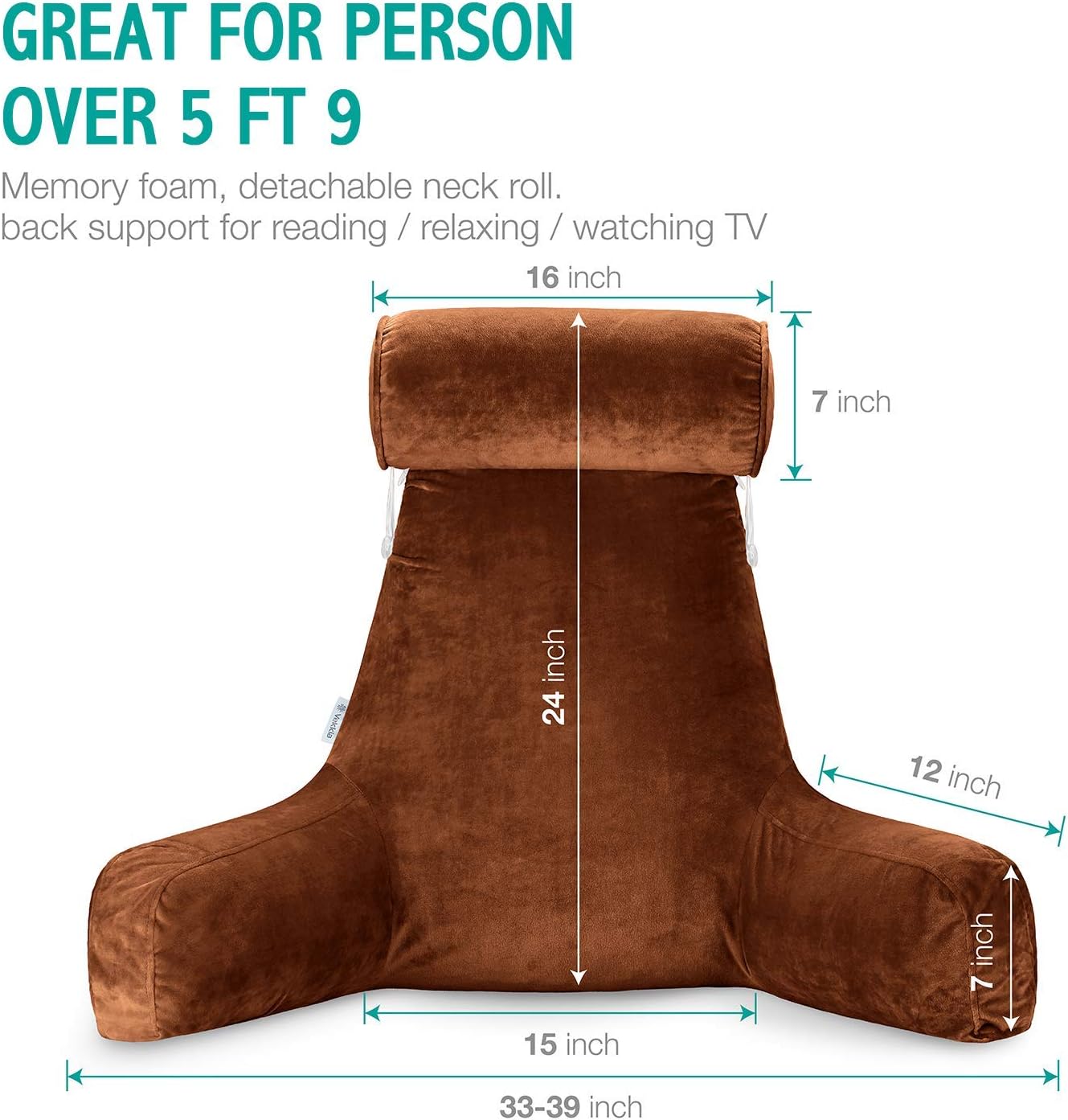 Vekkia Premium Soft Reading & Bed Rest Pillow with Higher Support Arm, Pocket, Free Neck Pillow. Back Support for Reading/Relaxing/Watching TV - Extra Foam Incl-24” Velvet(Cover): Home & Kitchen