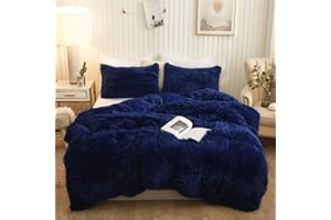 XeGe Plush Shaggy Duvet Cover Set, Luxury Ultra Soft Crystal Velvet Fluffy Bedding Sets 3 Pieces(1 Furry Faux Fur Comforter Cover + 2 Fuzzy Faux Fur Pillowcases), Zipper Closure(King, Navy Blue)